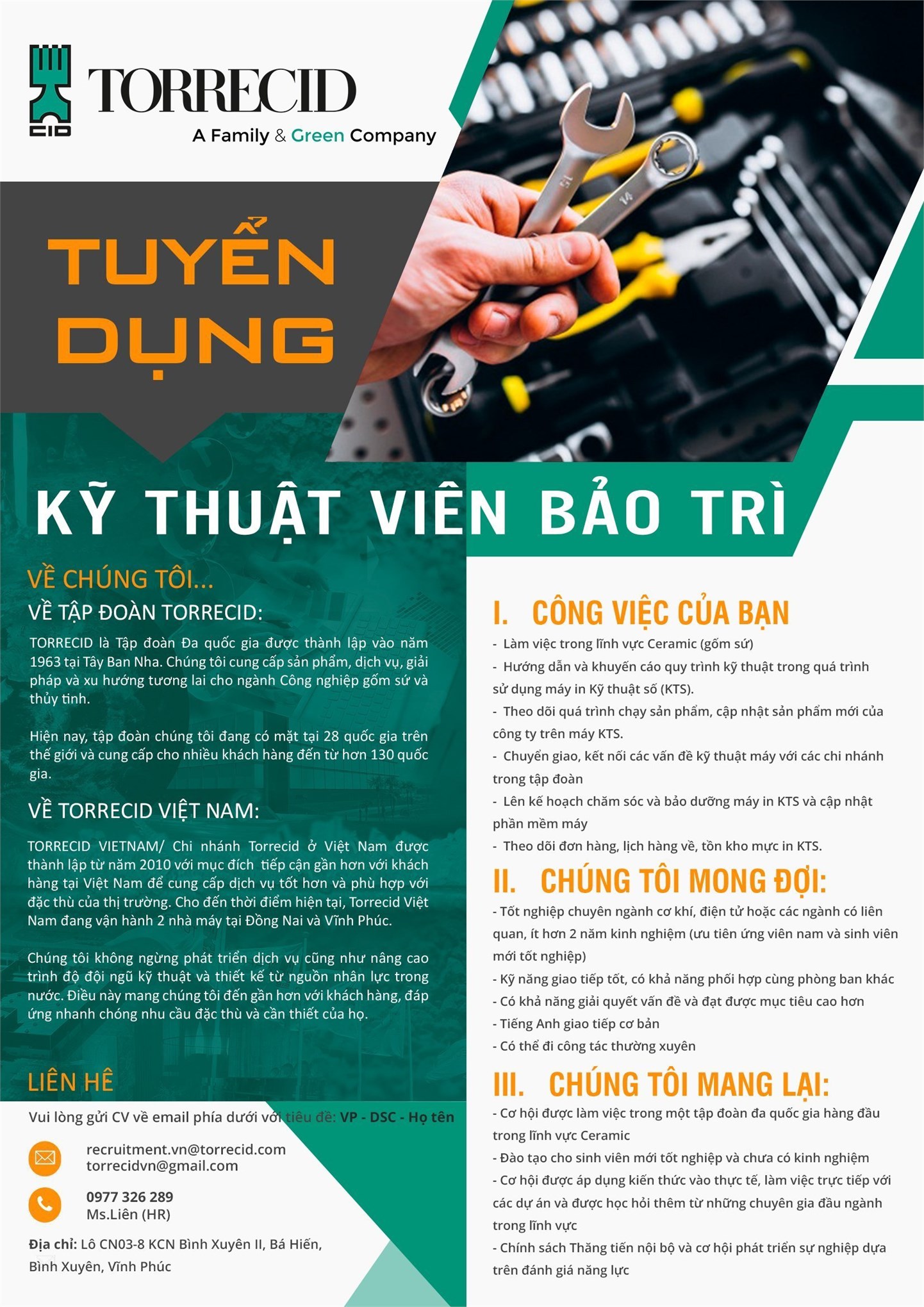 Thông báo tuyển dụng của công ty Torrecid Việt Nam