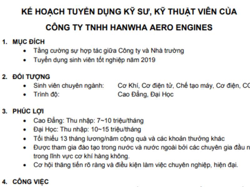 Chương trình tuyển dụng của Công ty TNHH Hanwha Aero Engines - Khu công nghệ cao Láng Hòa lạc